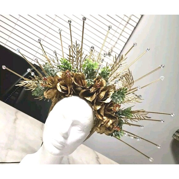 Golden Flowers Halo Crown, Floral Headpiece, Handmade, NEW - Picture 2 of 13